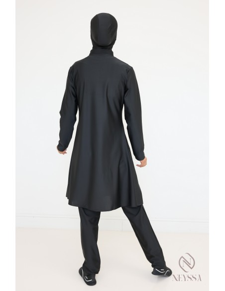 Burkini noir femme voilée, tunique croisée, pantalon et cagoule intégrée