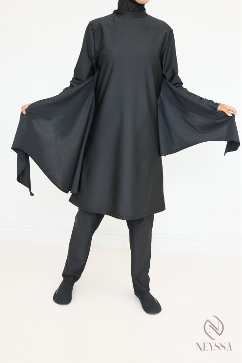Burkini tunique à nouer noir cagoule intégrée, look plage hijabi