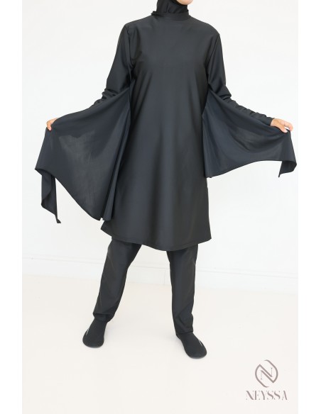 Black tunic burkini with integrated hood, hijabi beach look