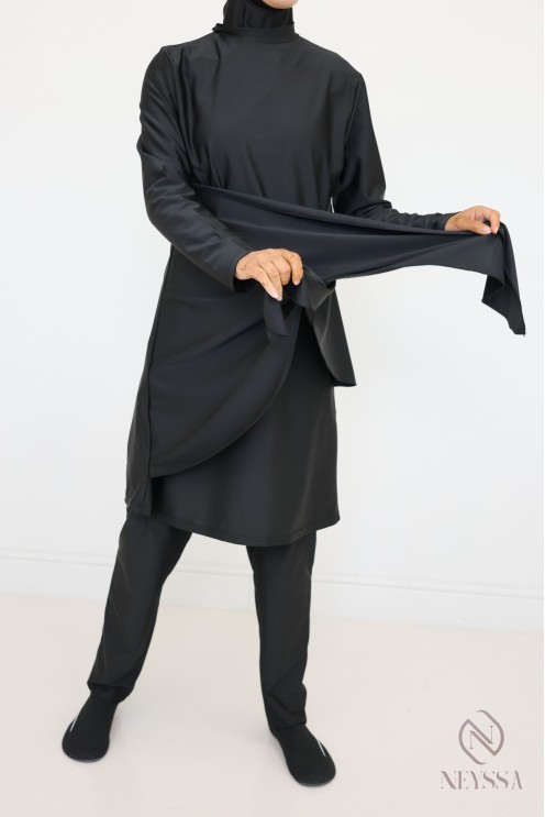 Schwarzer Tunika-Burkini mit Kapuze zum Binden im Hijabi-Look