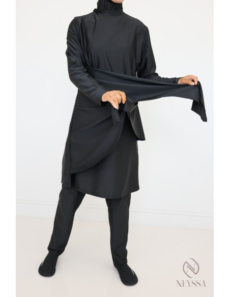 Black tunic burkini with integrated hood, hijabi beach look