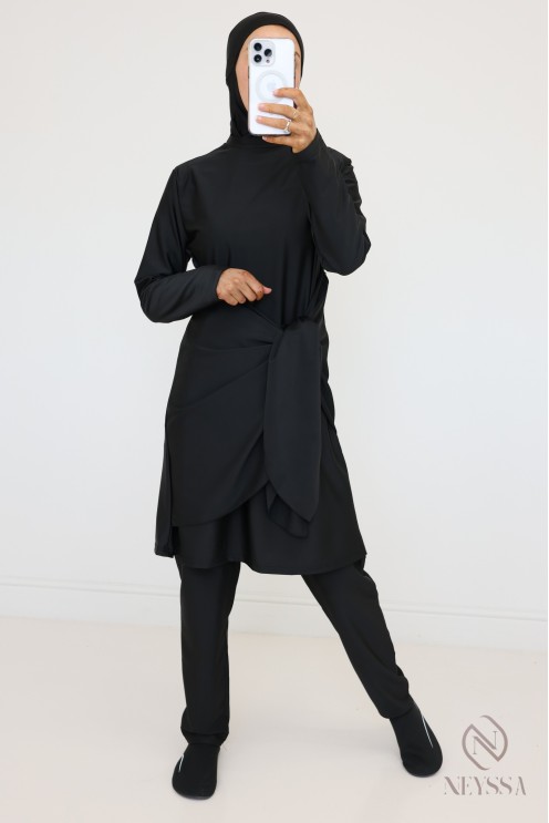 Burkini tunique à nouer noir cagoule intégrée, look plage hijabi