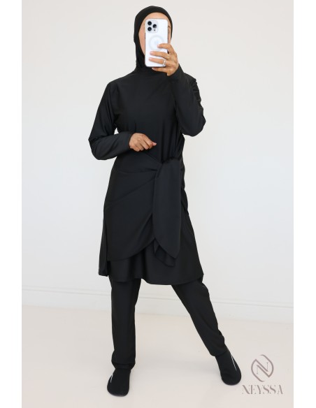 Black tunic burkini with integrated hood, hijabi beach look