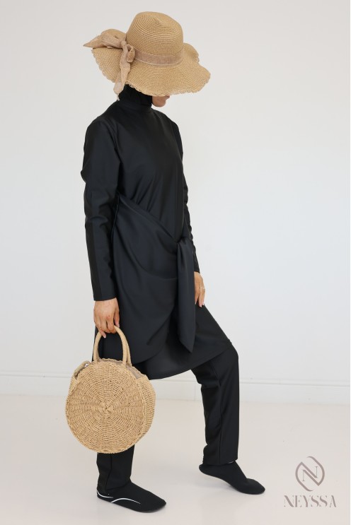 Black tunic burkini with integrated hood, hijabi beach look