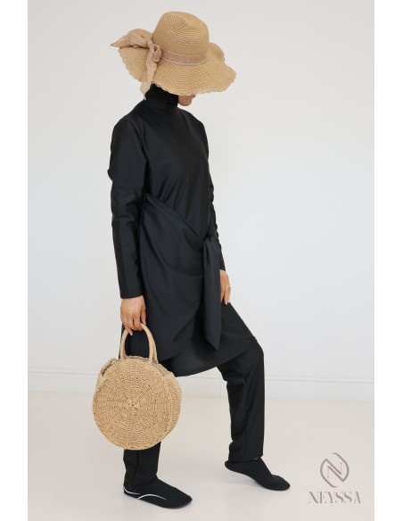 Black tunic burkini with integrated hood, hijabi beach look