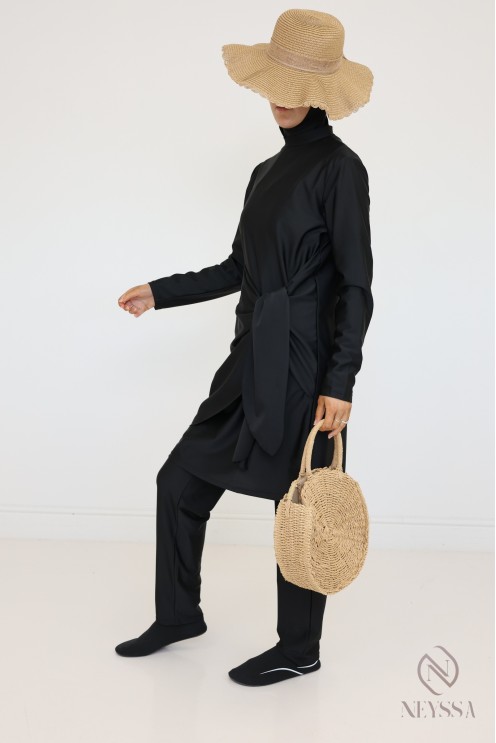 Black tunic burkini with integrated hood, hijabi beach look