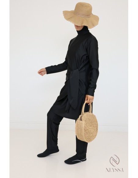 Black tunic burkini with integrated hood, hijabi beach look