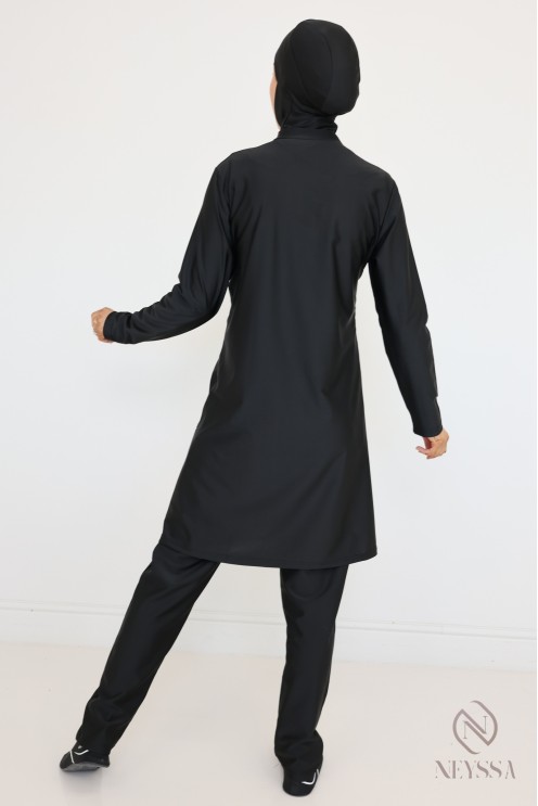 Black tunic burkini with integrated hood, hijabi beach look