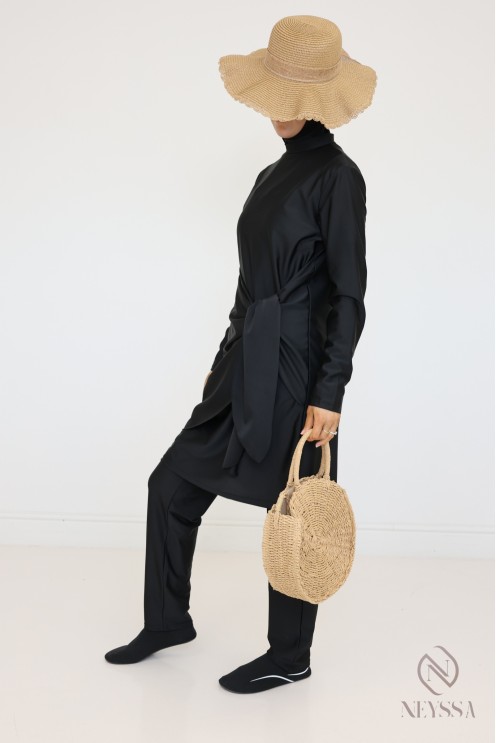 Black tunic burkini with integrated hood, hijabi beach look