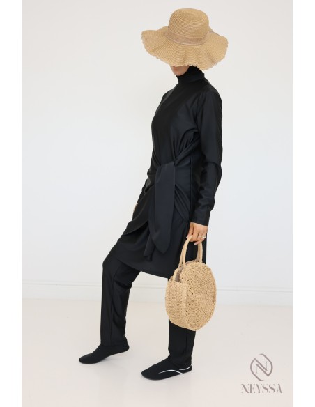 Black tunic burkini with integrated hood, hijabi beach look