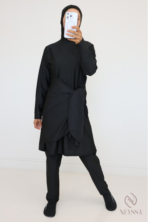 Schwarzer Tunika-Burkini mit Kapuze zum Binden im Hijabi-Look