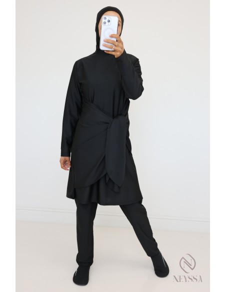Burkini tunique à nouer noir cagoule intégrée, look plage hijabi
