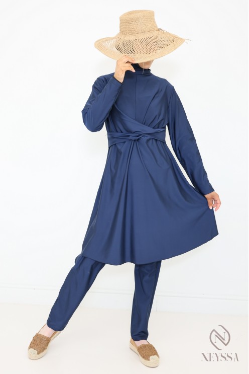 Burkini bleu stylé femme voilée, tunique croisée tendance