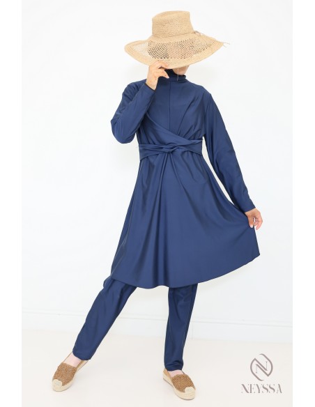 Stylish blue burkini for veiled women, trendy double-breasted tunic