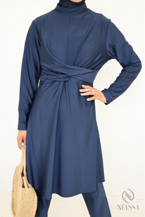 Burkini bleu stylé femme voilée, tunique croisée tendance