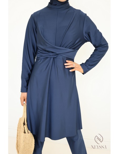 Burkini bleu stylé femme voilée, tunique croisée tendance