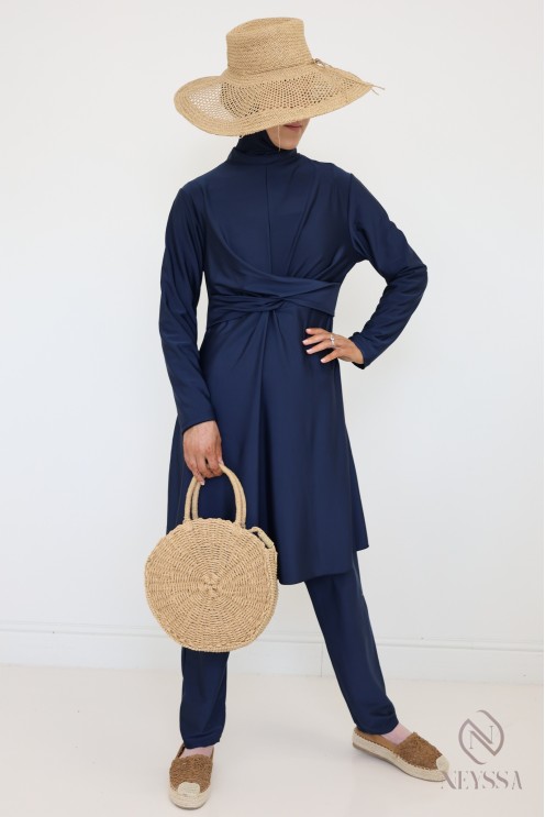 Stylish blue burkini for veiled women, trendy double-breasted tunic
