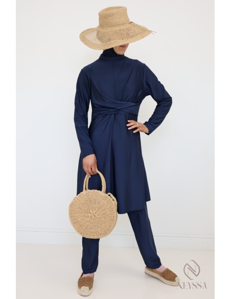 Burkini bleu stylé femme voilée, tunique croisée tendance