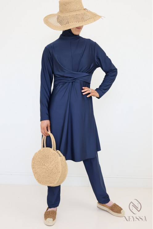 Stylish blue burkini for veiled women, trendy double-breasted tunic