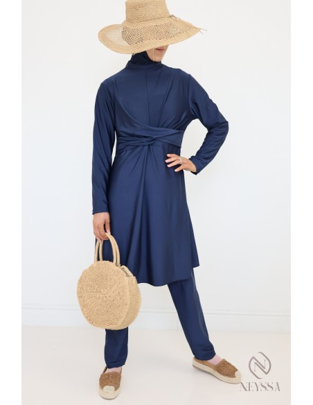 Burkini bleu stylé femme voilée, tunique croisée tendance