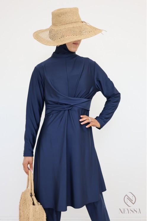 Stylish blue burkini for veiled women, trendy double-breasted tunic