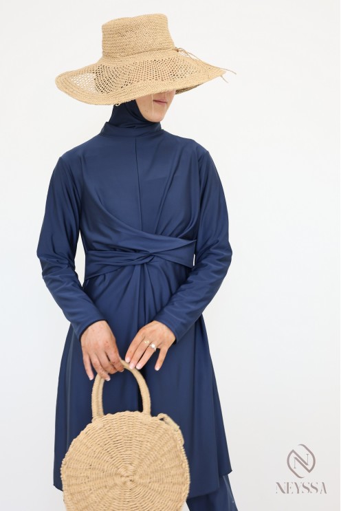 Burkini bleu stylé femme voilée, tunique croisée tendance