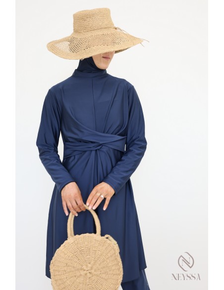 Stylish blue burkini for veiled women, trendy double-breasted tunic