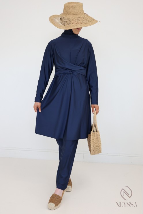 Burkini bleu stylé femme voilée, tunique croisée tendance