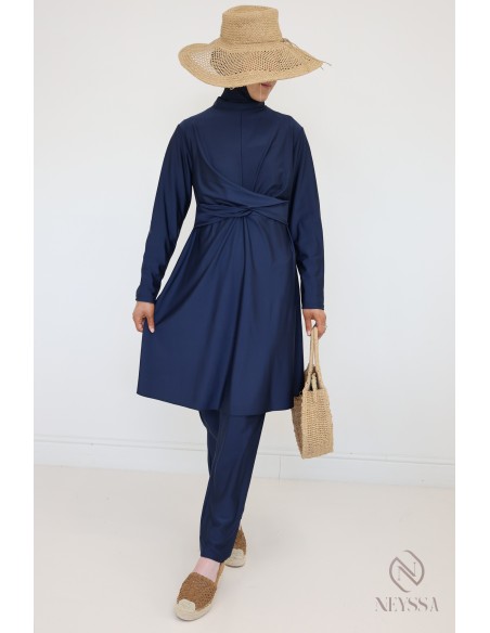 Burkini bleu stylé femme voilée, tunique croisée tendance