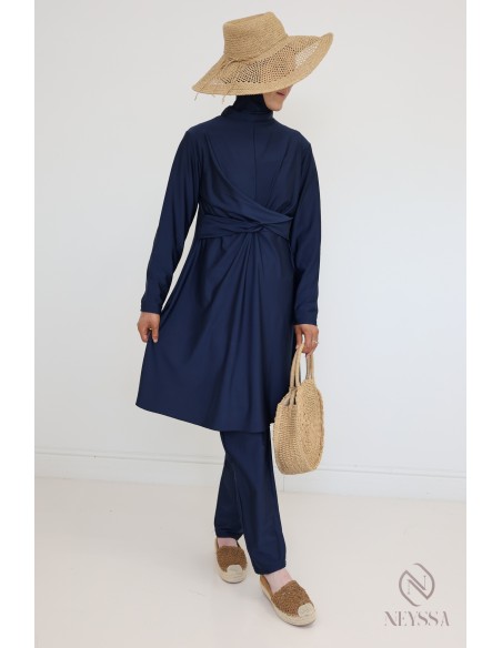 Stylish blue burkini for veiled women, trendy double-breasted tunic
