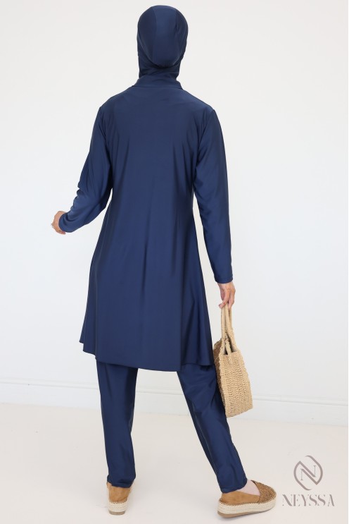 Stylish blue burkini for veiled women, trendy double-breasted tunic