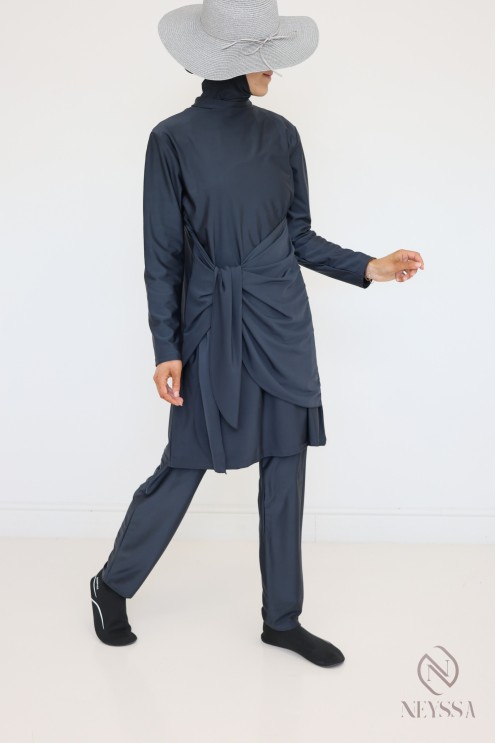 Grauer Burkini für verschleierte Frauen, Tunika mit modernem Bindeband