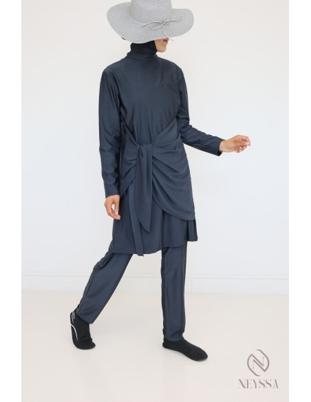 Grauer Burkini für verschleierte Frauen, Tunika mit modernem Bindeband