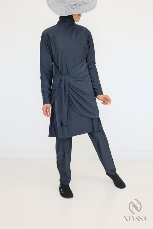 Grey burkini for veiled women, tunic with modern tie fastening