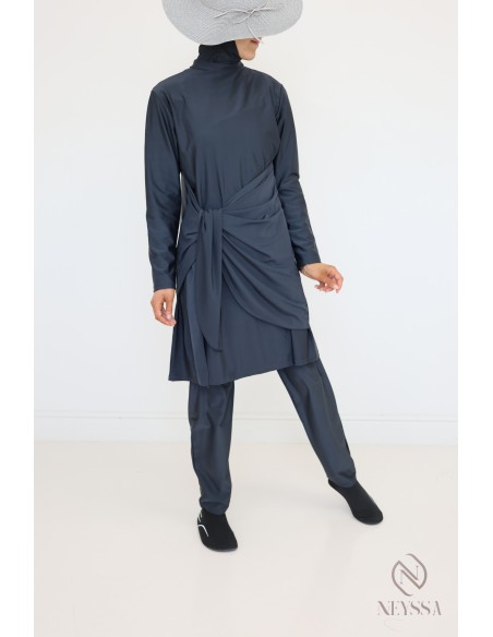 Burkini gris pour femme voilée, tunique avec pan à nouer moderne