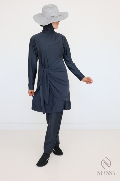 Grauer Burkini für verschleierte Frauen, Tunika mit modernem Bindeband