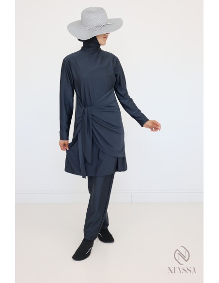 Grauer Burkini für verschleierte Frauen, Tunika mit modernem Bindeband
