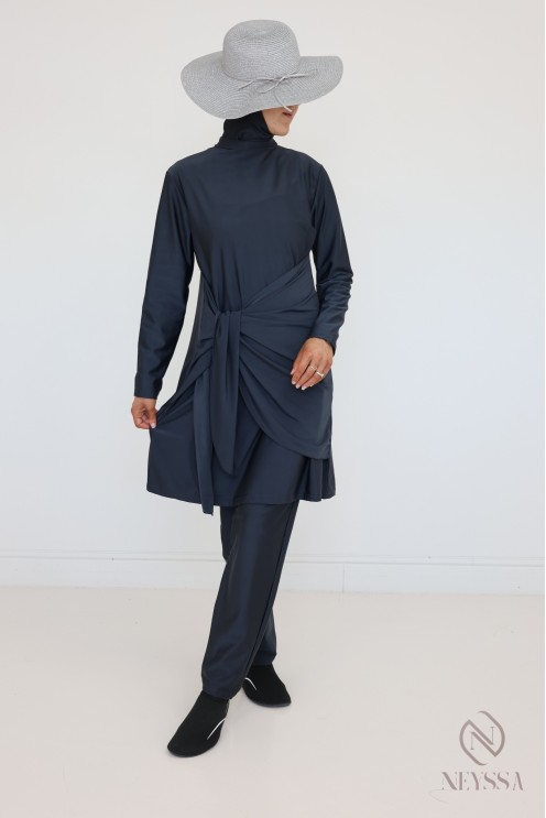 Grauer Burkini für verschleierte Frauen, Tunika mit modernem Bindeband