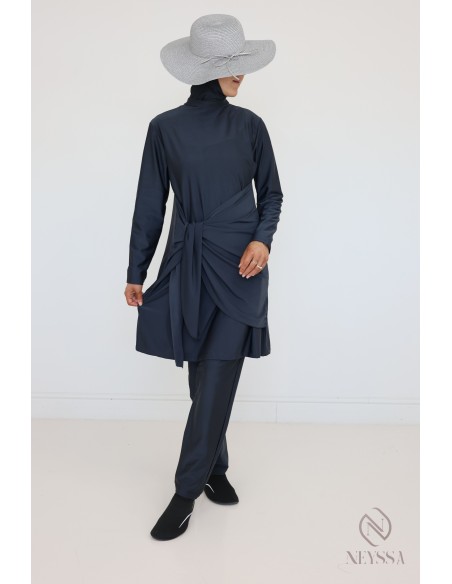 Grey burkini for veiled women, tunic with modern tie fastening