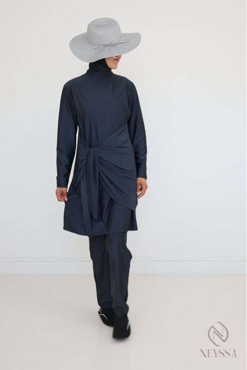 Grey burkini for veiled women, tunic with modern tie fastening