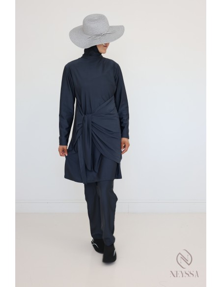Burkini gris pour femme voilée, tunique avec pan à nouer moderne