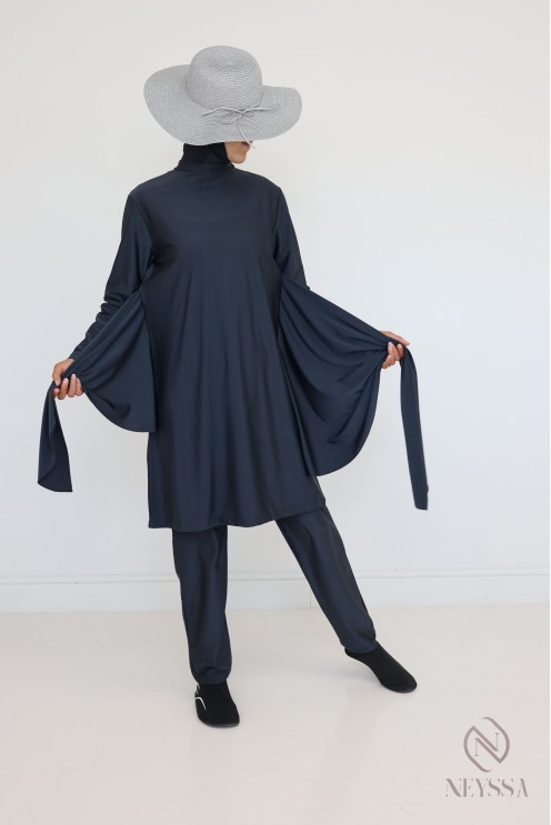 Grey burkini for veiled women, tunic with modern tie fastening