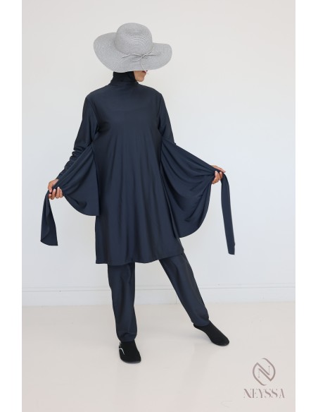 Burkini gris pour femme voilée, tunique avec pan à nouer moderne