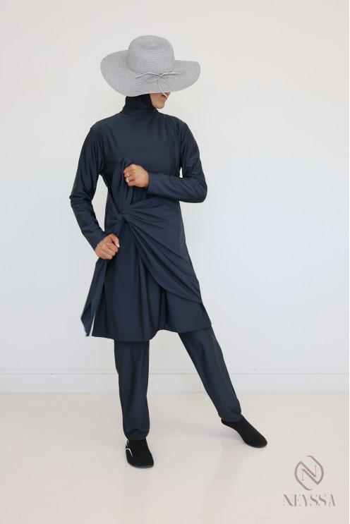 Grey burkini for veiled women, tunic with modern tie fastening