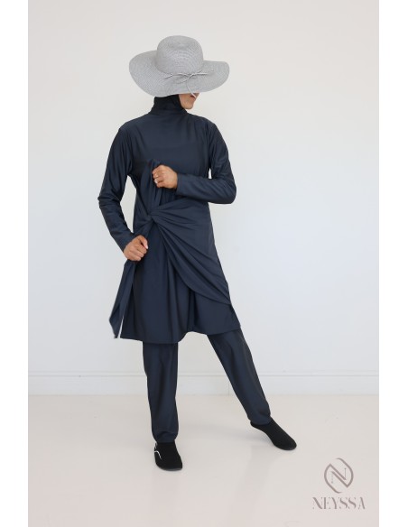 Grey burkini for veiled women, tunic with modern tie fastening