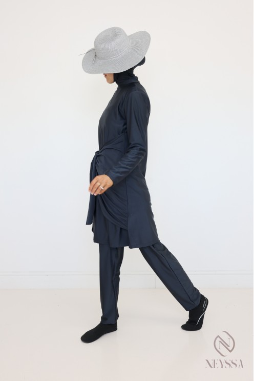 Burkini gris pour femme voilée, tunique avec pan à nouer moderne