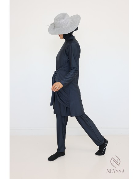 Burkini gris pour femme voilée, tunique avec pan à nouer moderne