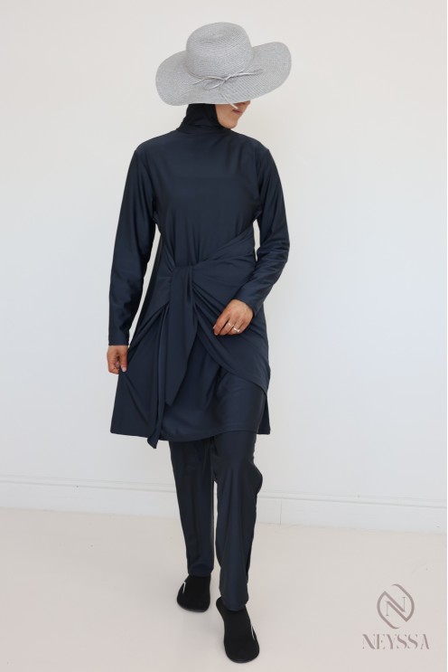 Burkini gris pour femme voilée, tunique avec pan à nouer moderne