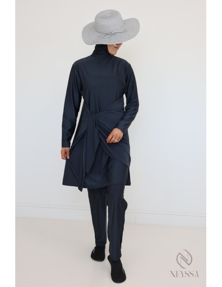 Burkini gris pour femme voilée, tunique avec pan à nouer moderne