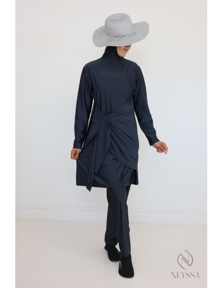 Burkini gris pour femme voilée, tunique avec pan à nouer moderne